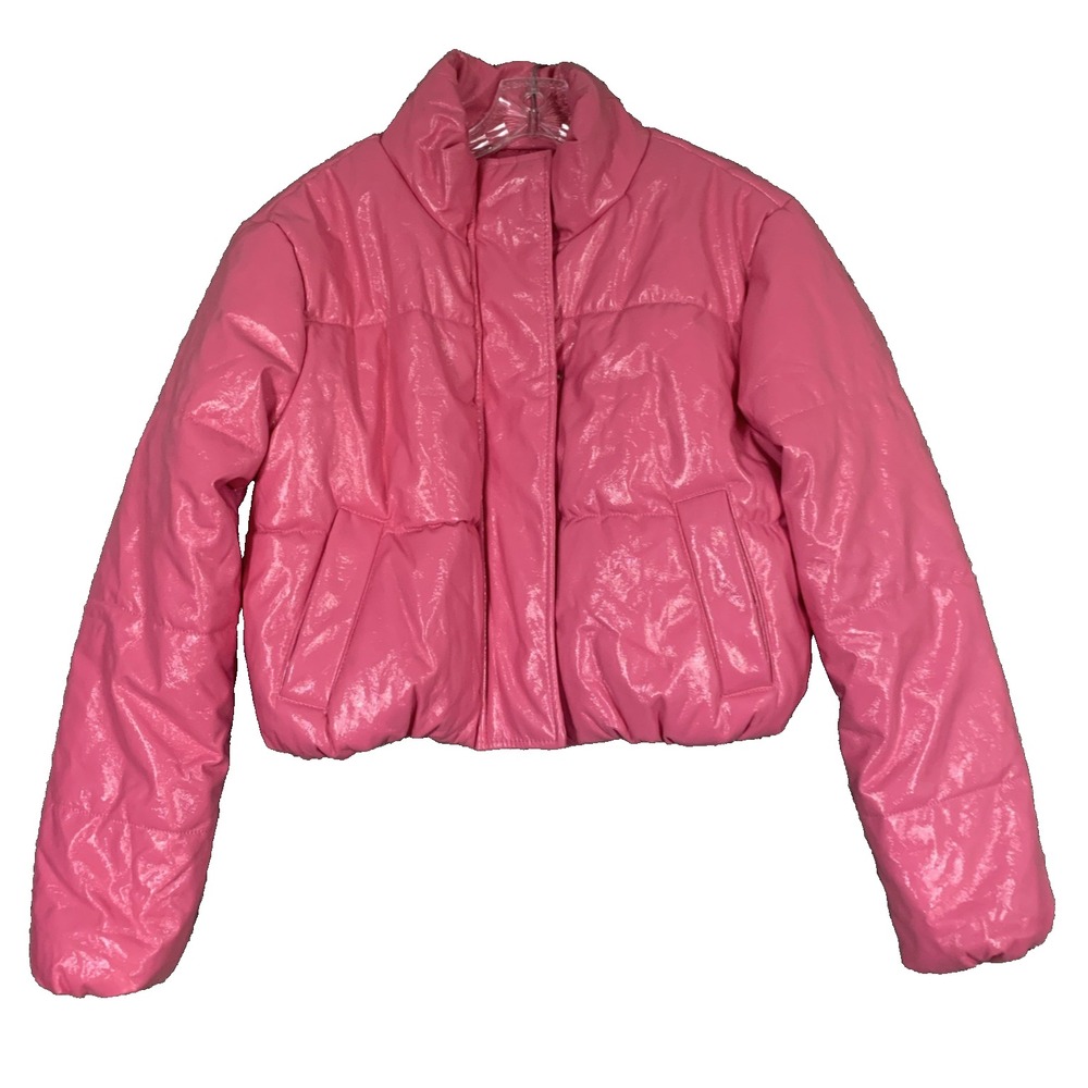 Ambiance Hot Shiny Pink Short Cropped Puffer Jacket Size L 80's Inspired